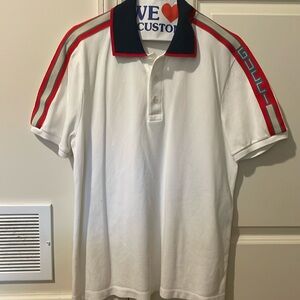 White Gucci polo shirt with blue collar, orange stripes worn twice